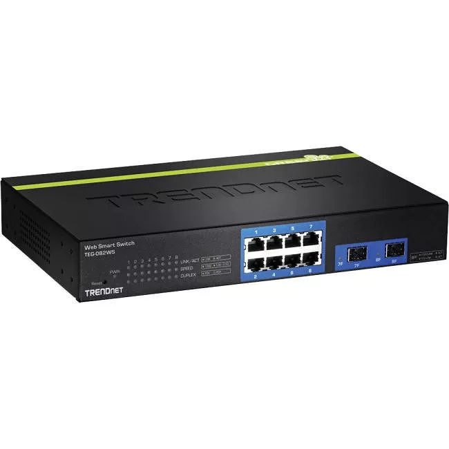 TRENDnet TEG-082WS 10-Port Gigabit Web Smart Switch; 20 Gbps Switching Capacity; 8 x RJ-45 Ports; 2 x SFP; Slots; VLAN; QoS; LACP; IPv6 Support; Fanless; Rack Mountable; Lifetime Protection;