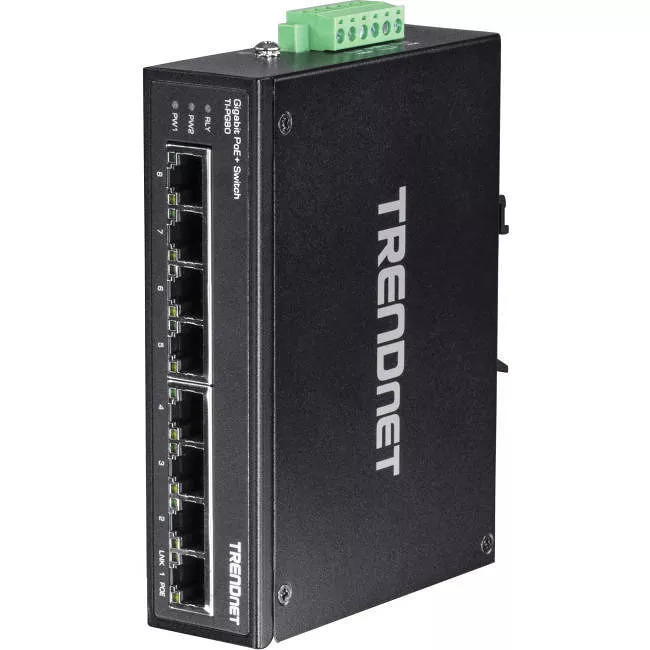TRENDnet TI-PG80 8-Port Hardened Industrial Unmanaged Gigabit PoE+ DIN-Rail Switch, 200W Full PoE+ Power Budget, 16 Gbps Switching Capacity, IP30 Rated Network Switch, Lifetime Protection, Black,