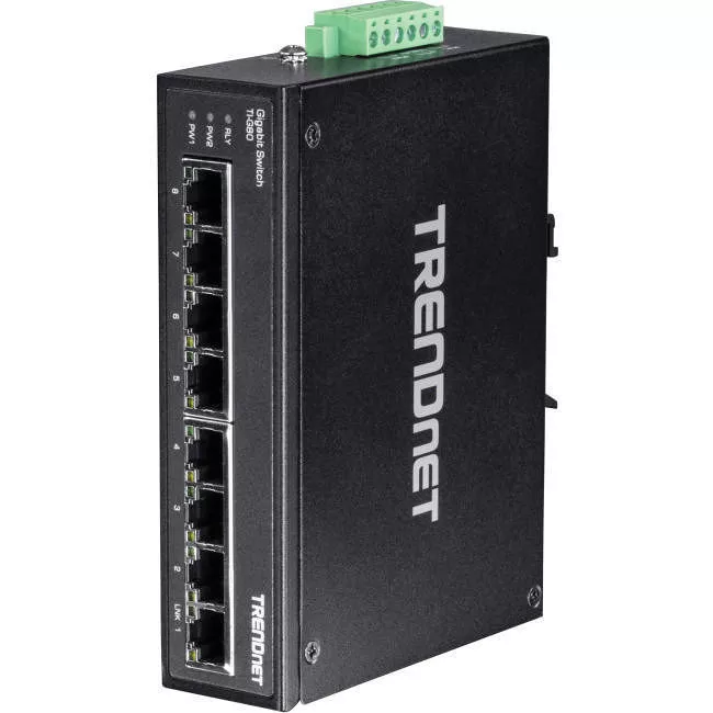 TRENDnet TI-G80 8-Port Hardened Industrial Gigabit DIN-Rail Switch, 16 Gbps Switching Capacity, IP30 Rated Metal Housing (-40 to 167 ?F), DIN-Rail & Wall Mounts Included, Lifetime Protection, Black,