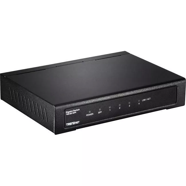 TRENDnet TEG-S51SFP 4-Port Gigabit Switch With SFP Slot, 10 Gbps Switching Capacity, Fanless, 802.1p QoS, Rear Facing Ports, Metal Housing, Network Ethernet Switch, Lifetime Protection, Black,