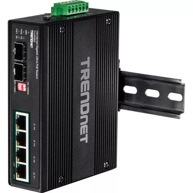 TRENDnet TI-UPG62 6-Port Hardened Industrial Gigabit 10/100/1000 Mbps Ultra PoE DIN-Rail Switch; UPoE; IP30; DIN-Rail & Wall Mounts Included; Lifetime Protection;