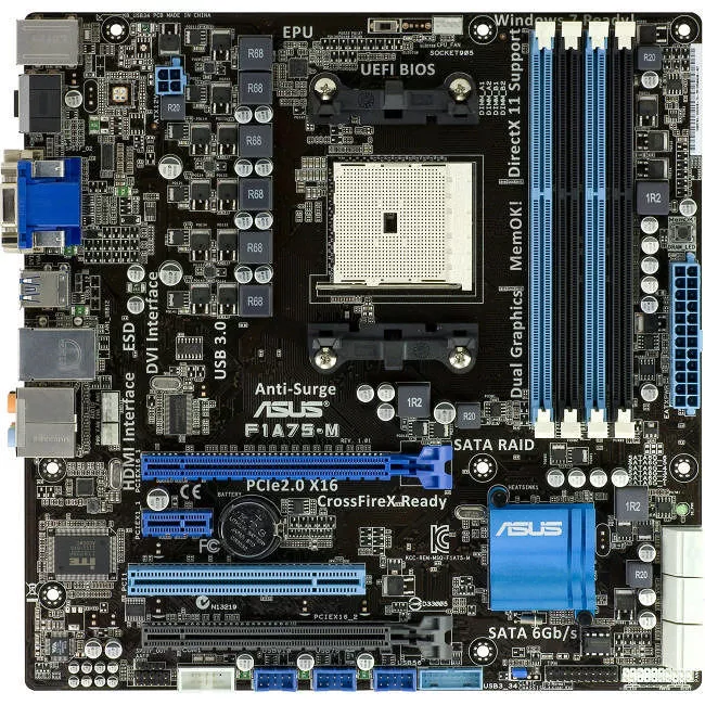 ASUS F1A75-M Desktop Motherboard - 1x Socket FM1 - AMD A75 - 4x DDR3 - RAID - 2x PCIe x16 - 1x RJ-45 - Micro ATX