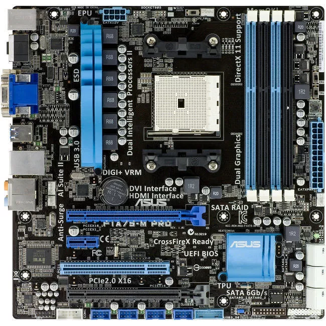 ASUS F1A75-M PRO Desktop Motherboard - 1x Socket FM1 - AMD A75 - 4x DDR3 - RAID - 1x PCIe x16 - 1x RJ-45 - Micro ATX