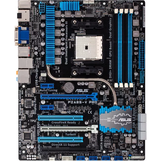 ASUS F2A85-V PRO Desktop Motherboard - 1x Socket FM2 - AMD A85X - 4x DDR3 - RAID - 3x PCIe x16 - 1x RJ-45 - Micro ATX