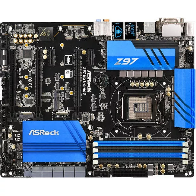 ASRock Z97 EXTREME6 Desktop Motherboard - 1x Socket H3 LGA-1150 - Intel Z97 Express - 4x DDR3 - RAID - 2x M.2 - 3x PCIe x16 - 2x RJ-45 - ATX