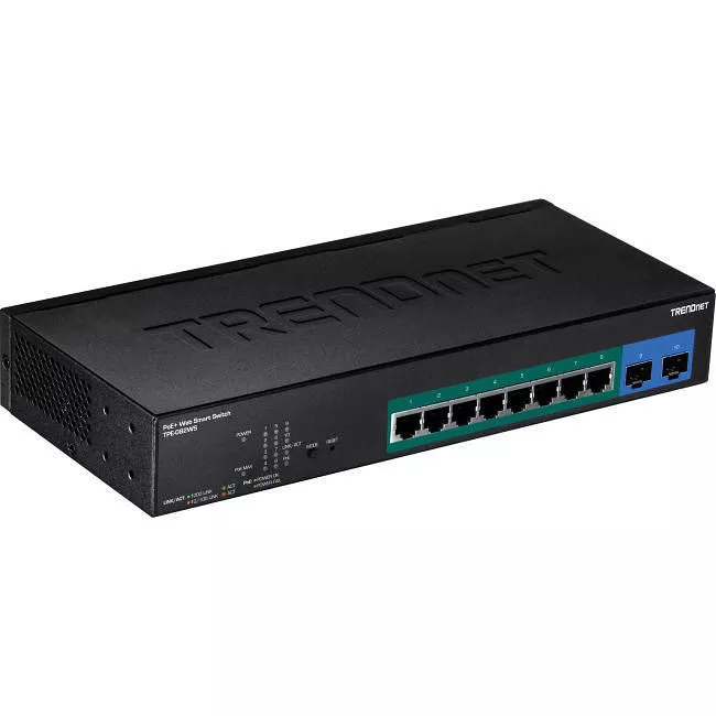 TRENDnet TPE-082WS 10-Port Gigabit Web Smart PoE+ Switch, 8 x Gigabit PoE+ Ports, 2 x SFP Slots, Vlan, QoS, IPv6 Support, 20Gbps Switching Capacity, 75W PoE Power Budget, Lifetime Protection, Black,