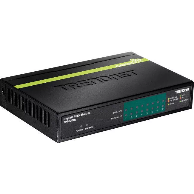 TRENDnet TPE-TG82G 8-Port GREENnet Gigabit PoE+ Switch, Supports PoE And PoE+ Devices, 61W PoE Budget, 16Gbps Switching Capacity, Data & Power Via Ethernet To PoE Access Points & IP Cameras, Black,