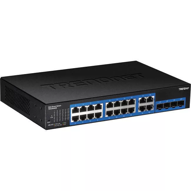 TRENDnet TEG-204WS 20-Port Gigabit Web Smart Switch; 16 x Gigabit Ports; 4 x shared Gigabit Ports (RJ-45/SFP); VLAN; QoS; LACP; IPv6 Support; 40 Gbps Switching Capacity; Lifetime Protection;