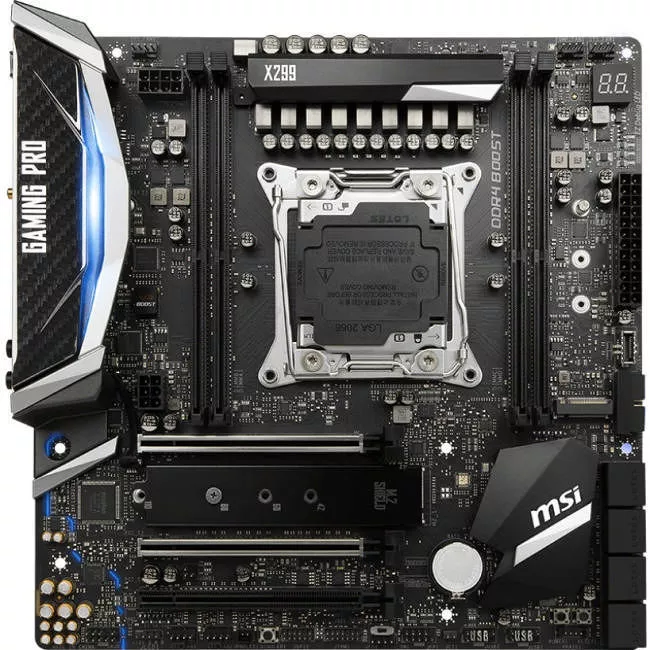 MSI X299M PRO CARBON AC Desktop Motherboard - 1x Socket R4 LGA-2066 - Intel X299 - 4x DDR4 - RAID - 3x M.2 - 3x PCIe x16 - Wi-Fi - Micro ATX