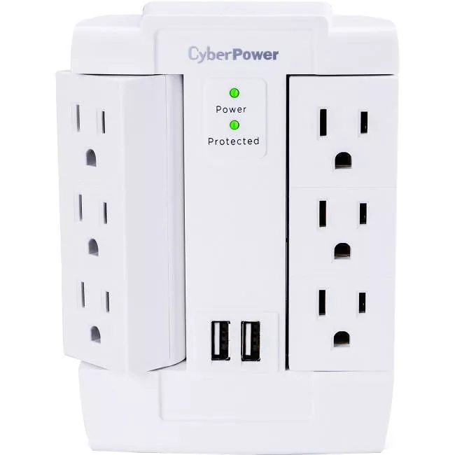 CyberPower CSP600WSURC2 Surge Protector, 1200J/125V, 6 Swivel Outlets, 2 USB Charging Ports