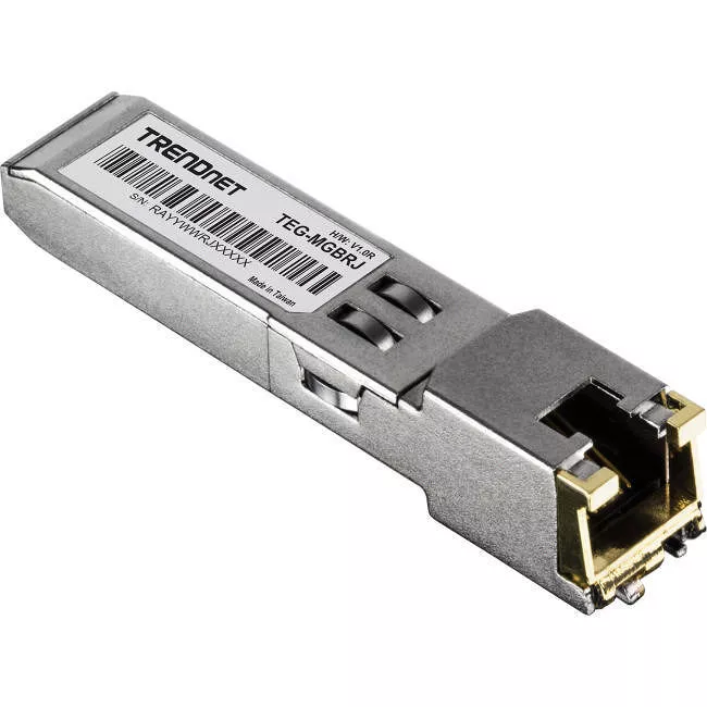 TRENDnet TEG-MGBRJ SFP to RJ45 1000BASE-T Copper SFP Module; ; 100m (328 Ft.); RJ45 Connector; Hot Pluggable; Supports Data Rates Up to 1.25Gbps; IEEE 802.3ab Gigabit Ethernet; Lifetime Protection
