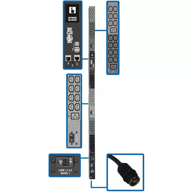 Tripp Lite PDU3EVN6H50B PDU 14.5kW 200-240V 3PH Monitored PDU - LX Interface Gigabit 48 Outlets Hubbell CS8365C Input LCD 1.8 m Cord 0U 1.8 m Height TAA