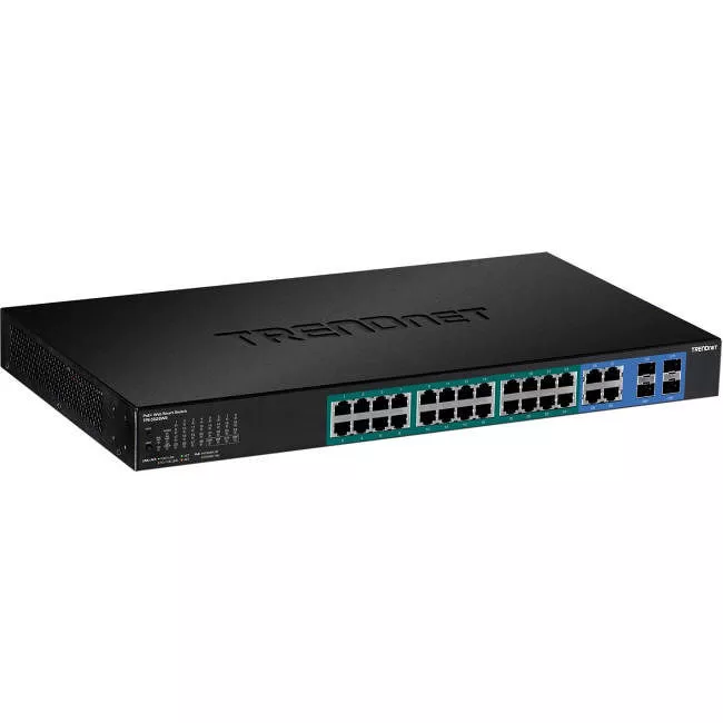 TRENDnet TPE-5028WS 28-Port Web Smart PoE+ Switch; 24 x Gigabit PoE+ Ports; 4 x Shared Gigabit Ports (RJ-45 or SFP); VLAN; QoS; LACP; IPv6 Support; 370W PoE Power Budget; Lifetime Protection;