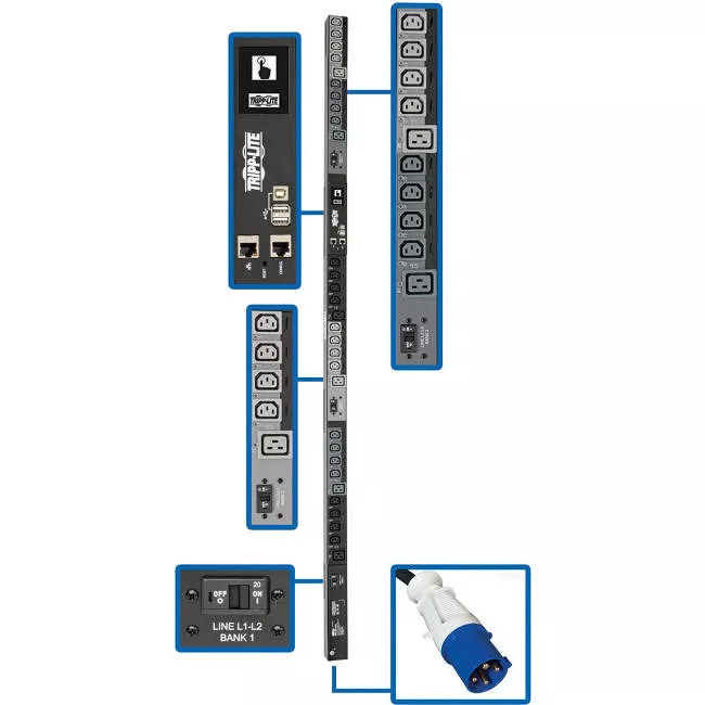 Tripp Lite PDU3EVSR6G60 PDU 14.5kW 200-240V 3PH Switched PDU - LX Interface Gigabit 30 Outlets IEC 309 60A Blue Input LCD 1.8 m Cord 0U 1.8 m Height TAA