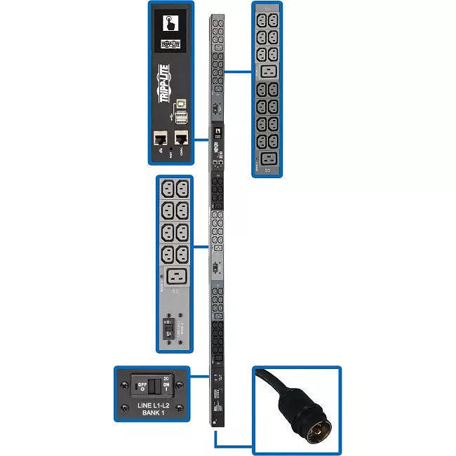 Tripp Lite PDU3EVN10H50B PDU 14.5kW 200-240V 3PH Monitored PDU - LX Interface Gigabit 48 Outlets Hubbell CS8365C Input LCD 3 m Cord 0U 1.8 m Height TAA