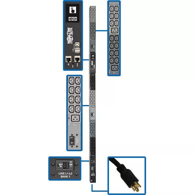 Tripp Lite PDU3EVN10L1530B PDU 10kW 200-240V 3PH Monitored PDU - LX Interface Gigabit 48 Outlets L15-30P Input LCD 3 m Cord 0U 1.8 m Height TAA