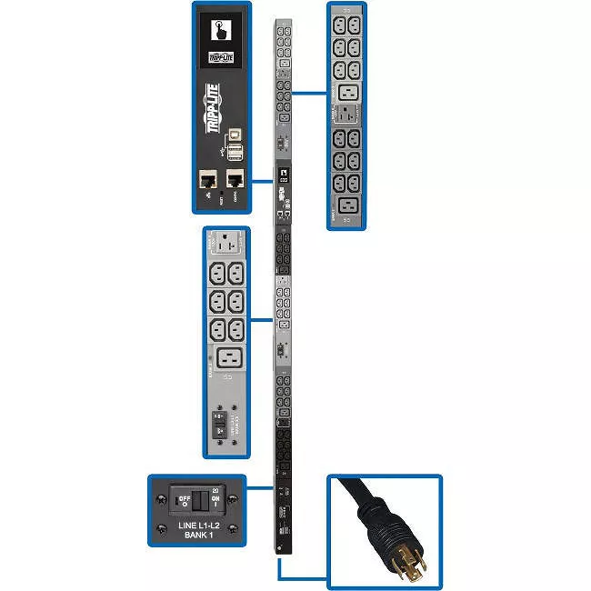Tripp Lite PDU3EVN10L2130 PDU 8.6kW 208/120V 3PH Monitored PDU - LX Interface Gigabit 45 Outlets L21-30P Input LCD 3 m Cord 0U 1.8 m Height TAA