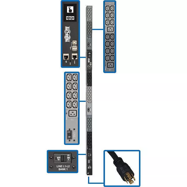Tripp Lite PDU3EVN10L2130B PDU 10kW 200-240V 3PH Monitored PDU - LX Interface Gigabit 48 Outlets NEMA L21-30P LCD 3 m Cord 0U 1.8 m Height TAA