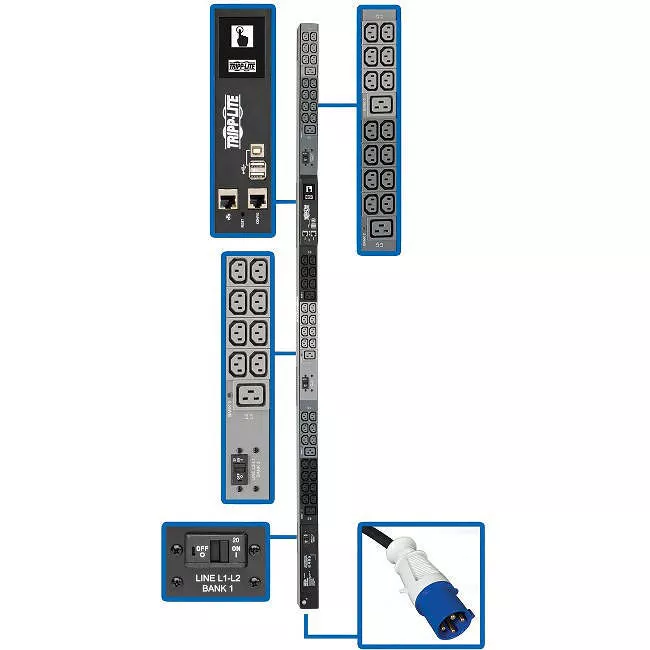 Tripp Lite PDU3EVN6G60B PDU 14.5kW 200-240V 3PH Monitored PDU - LX Interface Gigabit 48 Outlets IEC-309 60A Blue Input LCD 1.8 m Cord 0U 1.8 m Height TAA