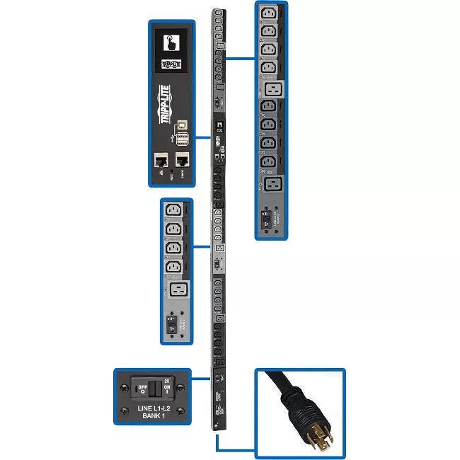 Tripp Lite PDU3EVSR6L1530 PDU 10kW 200-240V 3PH Switched PDU - LX Interface Gigabit 30 Outlets L15-30P Input LCD 1.8 m Cord 0U 1.8 m Height TAA