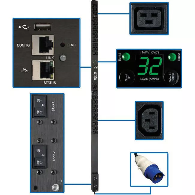 Tripp Lite PDUMNV32HV2LX PDU 7.7kW Single-Phase Monitored PDU LX Interface 200-240V Outlets (36 C13/6 C19) IEC 309 32A Blue 10 ft. (3.05 m) Cord 0U 1.8m/70 in. Height TAA