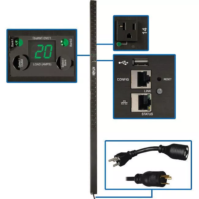 Tripp Lite PDUMVR20NETLX PDU 1.9kW Single-Phase Switched PDU LX Platform Outlet Monitoring 120V Outlets (24 NEMA 5-15/20R) L5-20P Plug 0U TAA