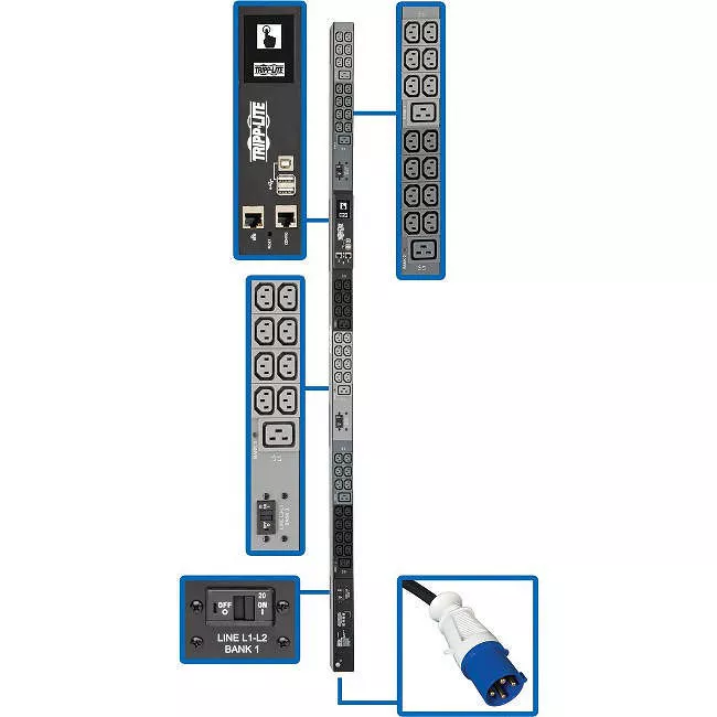 Tripp Lite PDU3EVN10G60B PDU 14.5kW 200-240V 3PH Monitored PDU - LX Interface Gigabit 48 Outlets IEC 309 60A Blue Input LCD 3 m Cord 0U 1.8 m Height TAA