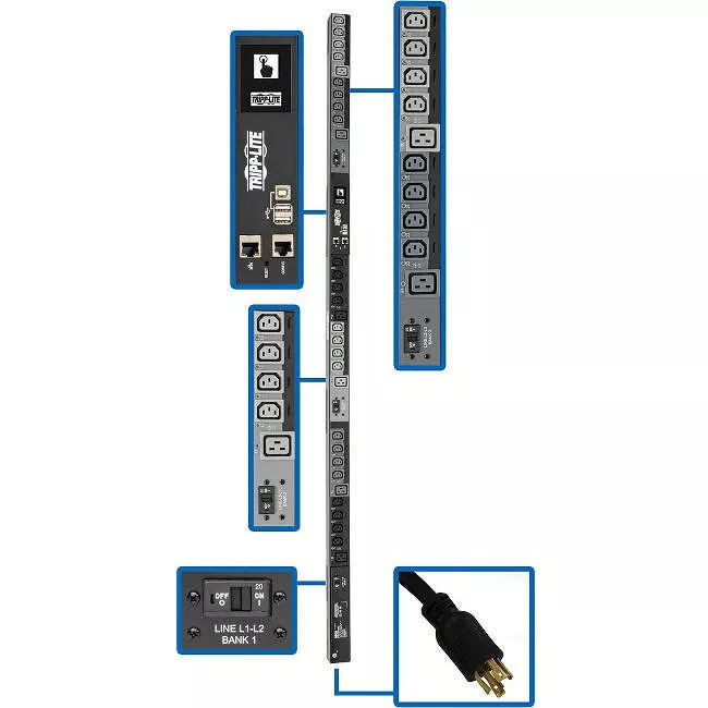 Tripp Lite PDU3EVSR6L2130 PDU 10kW 200-240V 3PH Switched PDU - LX Interface Gigabit 30 Outlets L21-30P Input LCD 1.8 m Cord 0U 1.8 m Height TAA