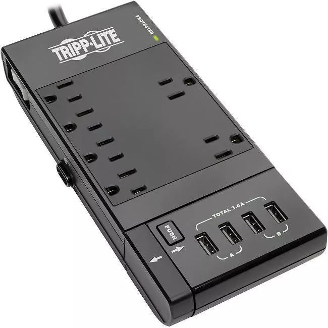 Tripp Lite TLP66USBR Protect It! 6-Outlet Surge Protector 4 USB Ports 6 ft. Cord 1080 Joules Diagnostic LED Black Housing