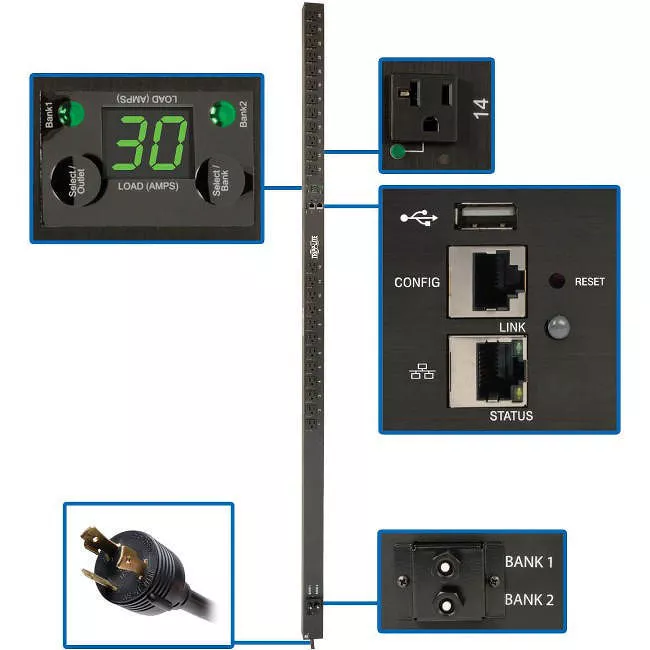 Tripp Lite PDUMVR30NETLX PDU 2.9kW Single-Phase Switched PDU LX Platform Outlet Monitoring 120V Outlets (24 NEMA 5-15/20R) L5-30P Plug 0U TAA