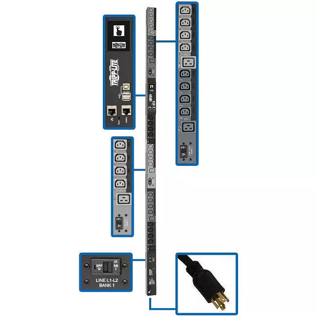 Tripp Lite PDU3EVSR10L2130 PDU 10kW 200-240V 3PH Switched PDU - LX Interface Gigabit 30 Outlets L21-30P Input LCD 3 m Cord 0U 1.8 m Height TAA