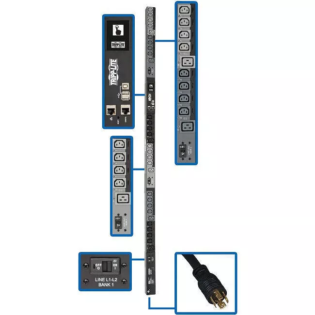 Tripp Lite PDU3EVSR10L1530 PDU 10kW 200-240V 3PH Switched PDU - LX Interface Gigabit 30 Outlets L15-30P Input LCD 3 m Cord 0U 1.8 m Height TAA