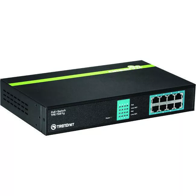 TRENDnet TPE-TG81G 8-Port Gigabit GREENnet PoE+ Switch; ; 8 x Gigabit PoE+ Ports; Rack Mountable; Up to 30 W Per Port with 110 W Total Power Budget; Ethernet Network Switch; Metal; Lifetime Protection