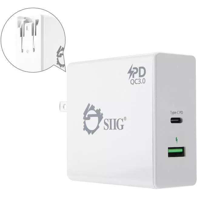 SIIG AC-PW1F12-S1 65W USB-C PD Charger Power Delivery with QC3.0 Wall Charge