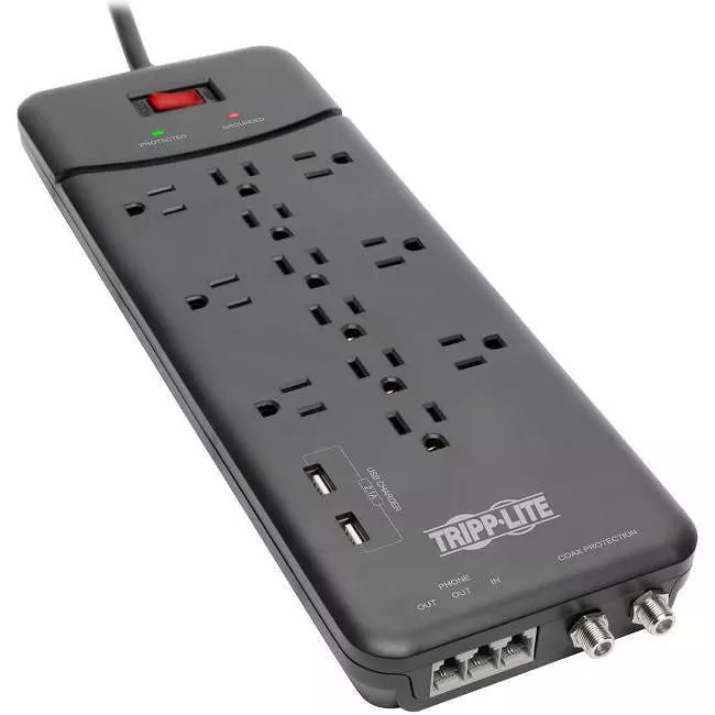 Tripp Lite TLP128TTUSBB Protect It! 12-Outlet Surge Protector 8 ft. (2.43 m) Cord 4320 Joules Tel/Modem/Coax Protection 2 USB Ports Black