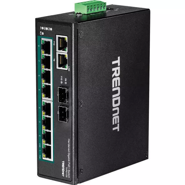 TRENDnet TI-PG102 10-Port Industrial Gigabit PoE+ DIN-Rail Switch, 8 x Gigabit PoE+ Ports, DIN-Rail Mount, 2 x SFP Slots, 240W PoE Power Budget, Network Switch, IP30, QoS, Lifetime Protection, Black,