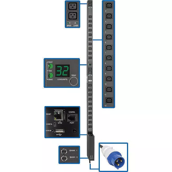 Tripp Lite PDUMV32HVNETLX PDU 7.7kW Single-Phase Switched PDU with LX Platform Interface 230V Output IEC 309 32A Blue 10 ft. (3.05 m) Cord 0U TAA
