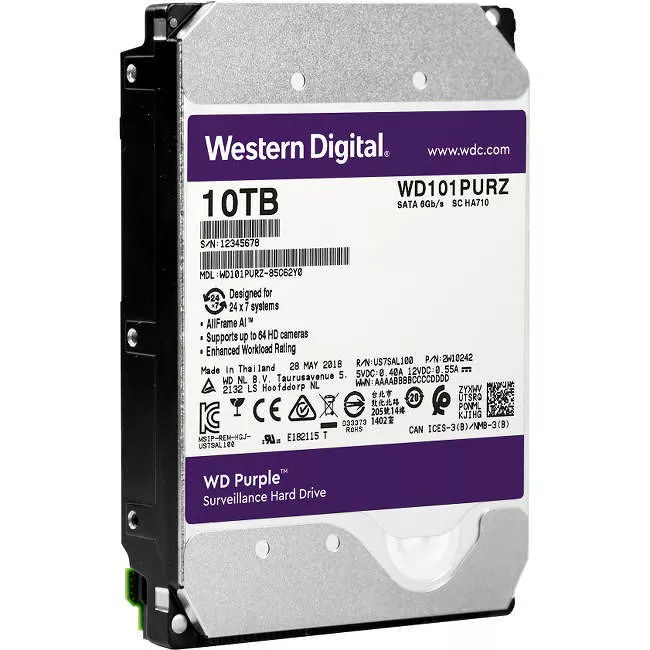 WD WD101PURZ Purple 10 TB 7200 RPM SATA 3.5" 256 MB Cache Surveillance Hard Drive