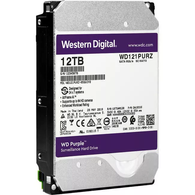 WD WD121PURZ Purple 12 TB 7200 RPM SATA 3.5" 256 MB Cache Surveillance Hard Drive