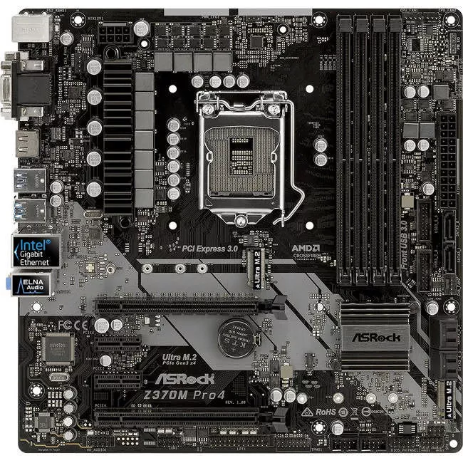 ASRock Z370M PRO4 Desktop Motherboard - 1x Socket H4 LGA-1151 - Intel Z370 - 4x DDR4 - RAID - 2x M.2 - 2x PCIe x16 - Micro ATX