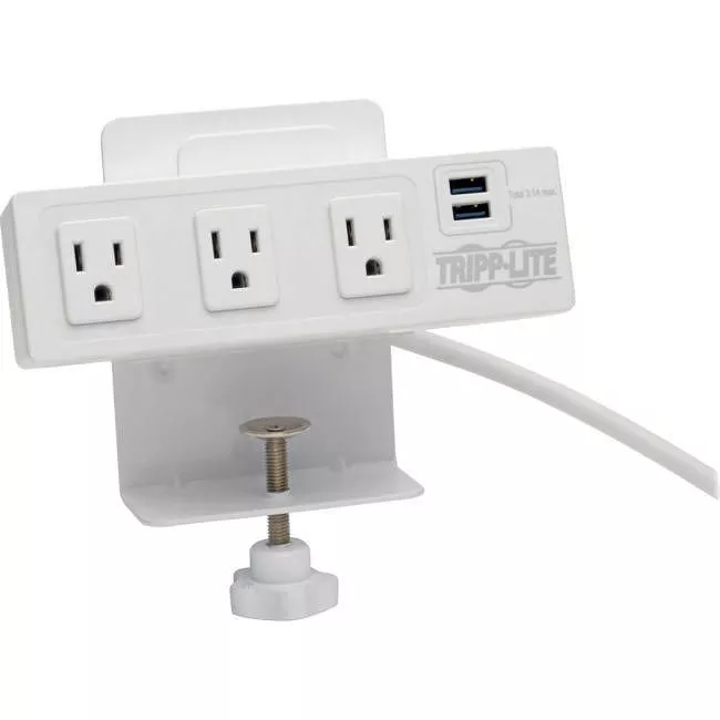 Tripp Lite TLP310USBCW 3-Outlet Surge Protector with 2 USB Ports 10 ft. (3.05 m) Cord - 510 Joules Desk Clamp White Housing
