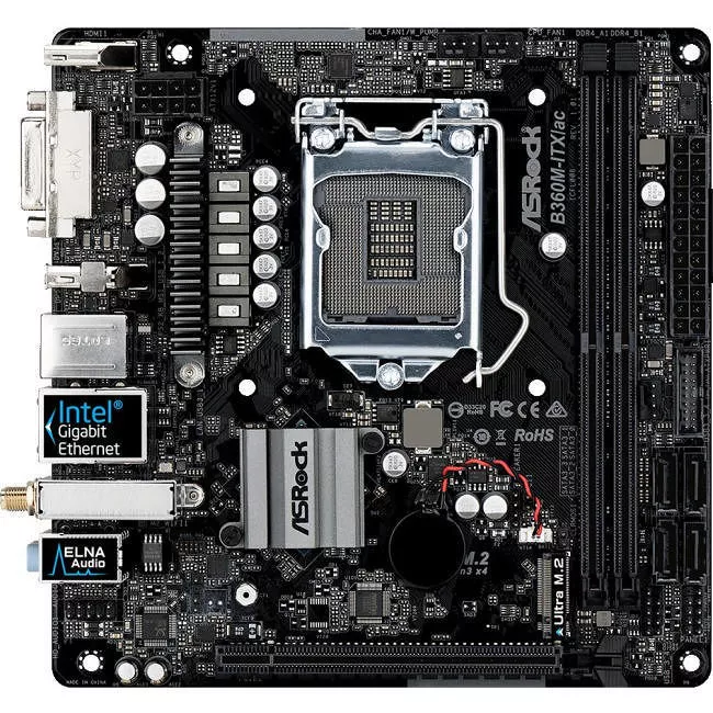 ASRock B360M-ITX/AC Desktop Motherboard - 1x Socket H4 LGA-1151 - Intel B360 - 2x DDR4 - 1x M.2 - 1x PCIe x16 - Wi-Fi - Mini ITX
