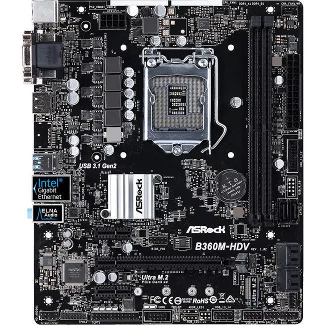 ASRock B360M-HDV Desktop Motherboard - 1x Socket H4 LGA-1151 - Intel B360 - 2x DDR4 - 1x M.2 - 1x PCIe x16 - Micro ATX