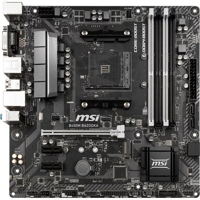 MSI B450M BAZOOKA Desktop Motherboard - 1x Socket AM4 - AMD B450 - 4x DDR4 - RAID - 1x M.2 - 1x PCIe x16 - Micro ATX