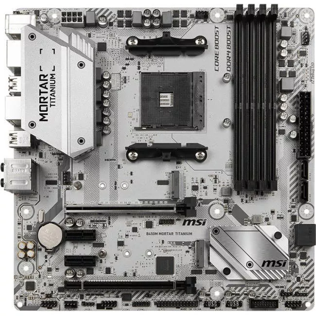 MSI B450M MORTAR TITANIUM Desktop Motherboard - 1x Socket AM4 - AMD B450 - 4x DDR4 - RAID - 2x M.2 - 2x PCIe x16 - Micro ATX