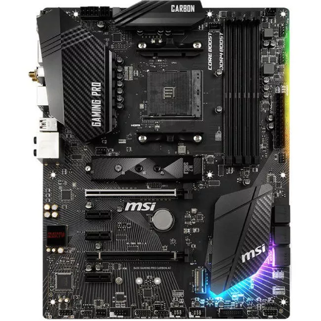 MSI B450 GAMING PRO CARBON AC Desktop Motherboard - 1x Socket AM4 - AMD B450 - 4x DDR4 - RAID - 2x M.2 - 2x PCIe x16 - Wi-Fi - ATX