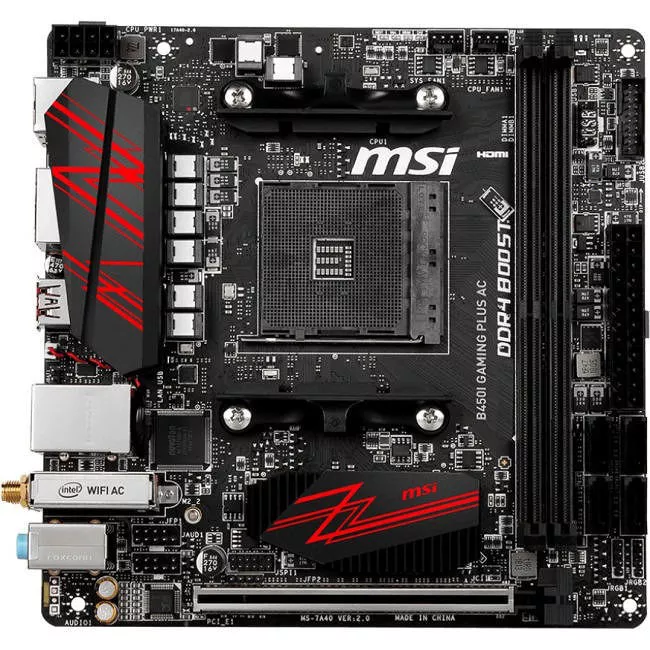 MSI B450I GAMING PLUS AC Desktop Motherboard - 1x Socket AM4 - AMD B450 - 2x DDR4 - RAID - 1x M.2 - Wi-Fi - Mini ITX