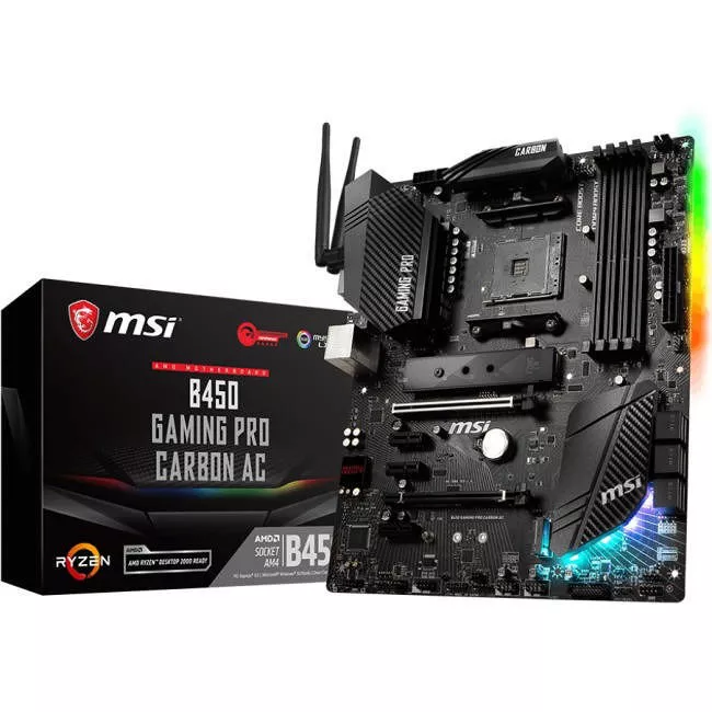 MSI B450GPCARBAC Desktop Motherboard - 1x Socket AM4 - AMD B450 - 4x DDR4 - RAID - 2x M.2 - 2x PCIe x16 - Wi-Fi - ATX