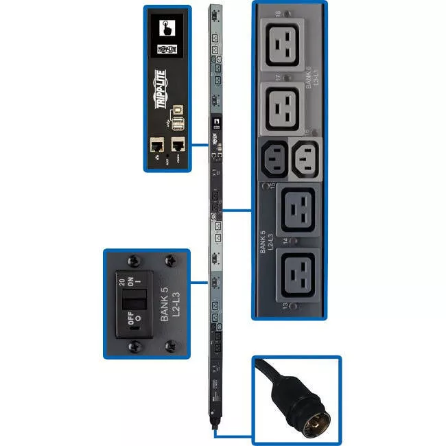 Tripp Lite PDU3EVSR6H50A PDU 14.4kW 208V 3PH Switched PDU - LX Interface Gigabit 18 Outlets Hubbell 50A CS8365C Input Outlet Monitoring LCD 1.8 m Cord 0U 1.8 m Height TAA