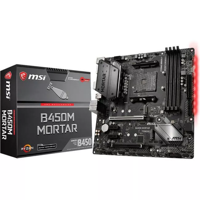 MSI B450MMOR Desktop Motherboard - 1x Socket AM4 - AMD B450 - 4x DDR4 - RAID - 2x M.2 - 2x PCIe x16 - Micro ATX